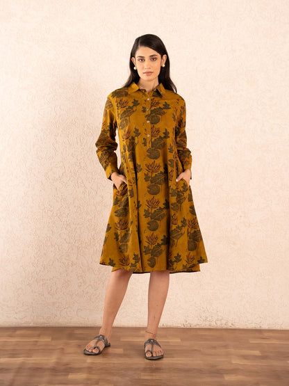 Mustard Floral Print Full Sleeve Cotton Shirt Dress