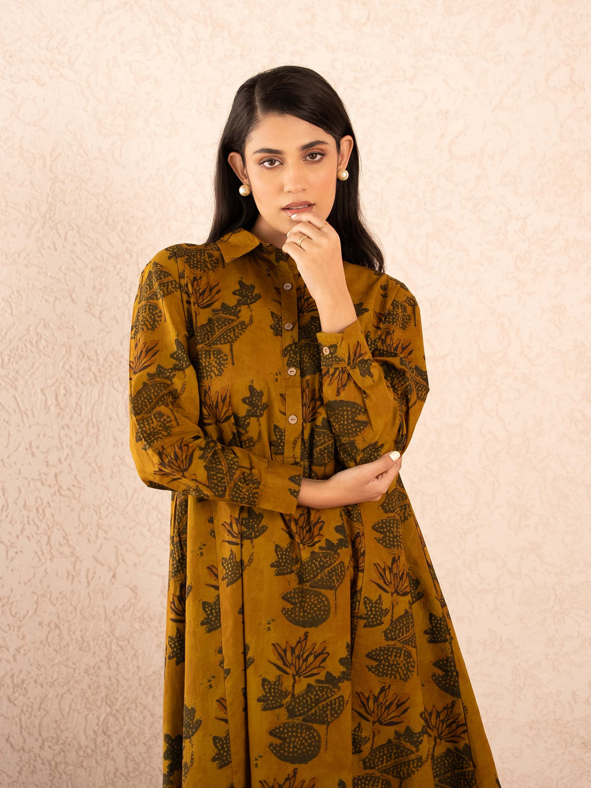 Mustard Floral Print Full Sleeve Cotton Shirt Dress