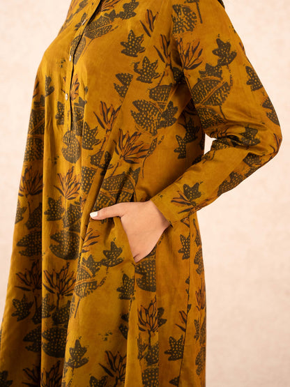 Mustard Floral Print Full Sleeve Cotton Shirt Dress