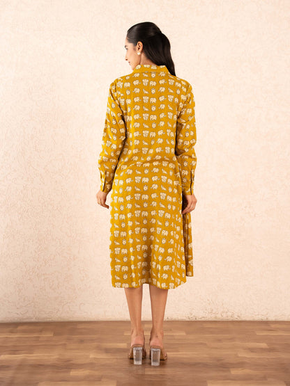 Mustard Elephant Print Full Sleeve Cotton Shirt Dress