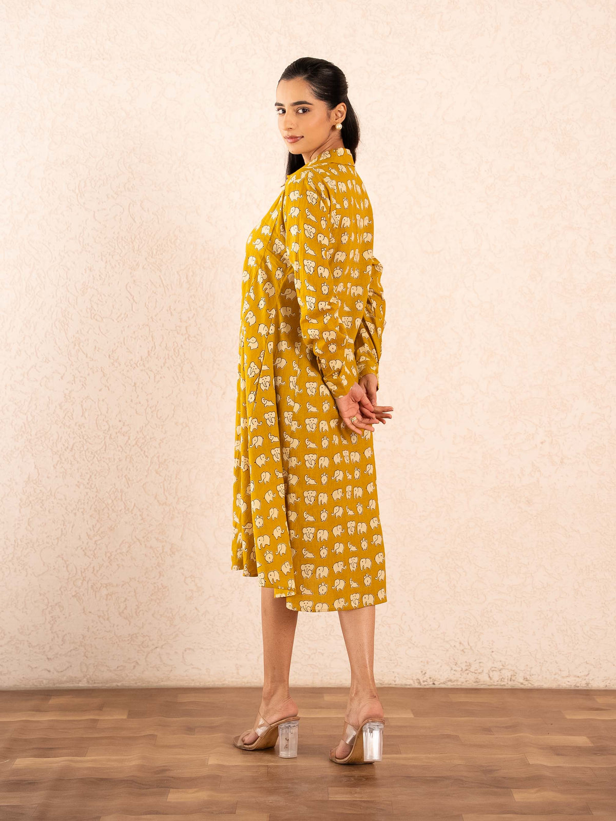 Mustard Elephant Print Full Sleeve Cotton Shirt Dress