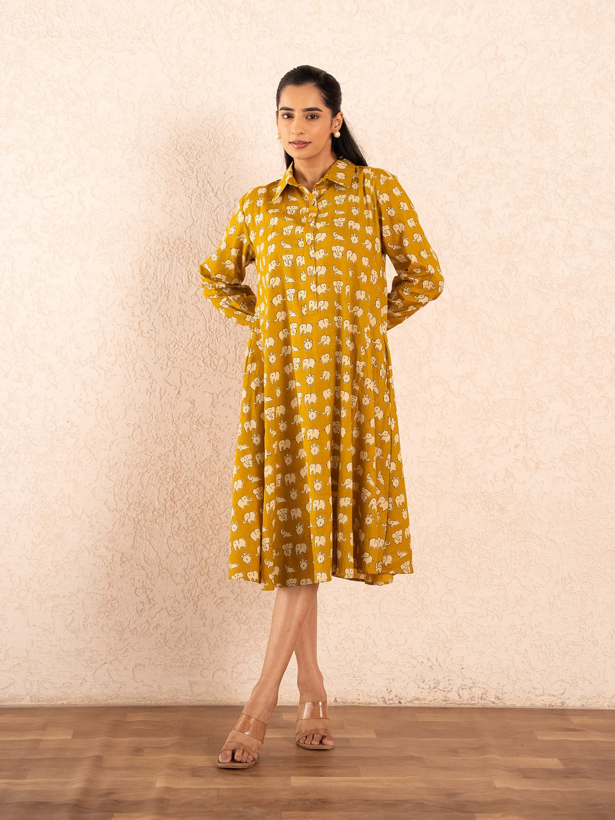 Mustard Elephant Print Full Sleeve Cotton Shirt Dress