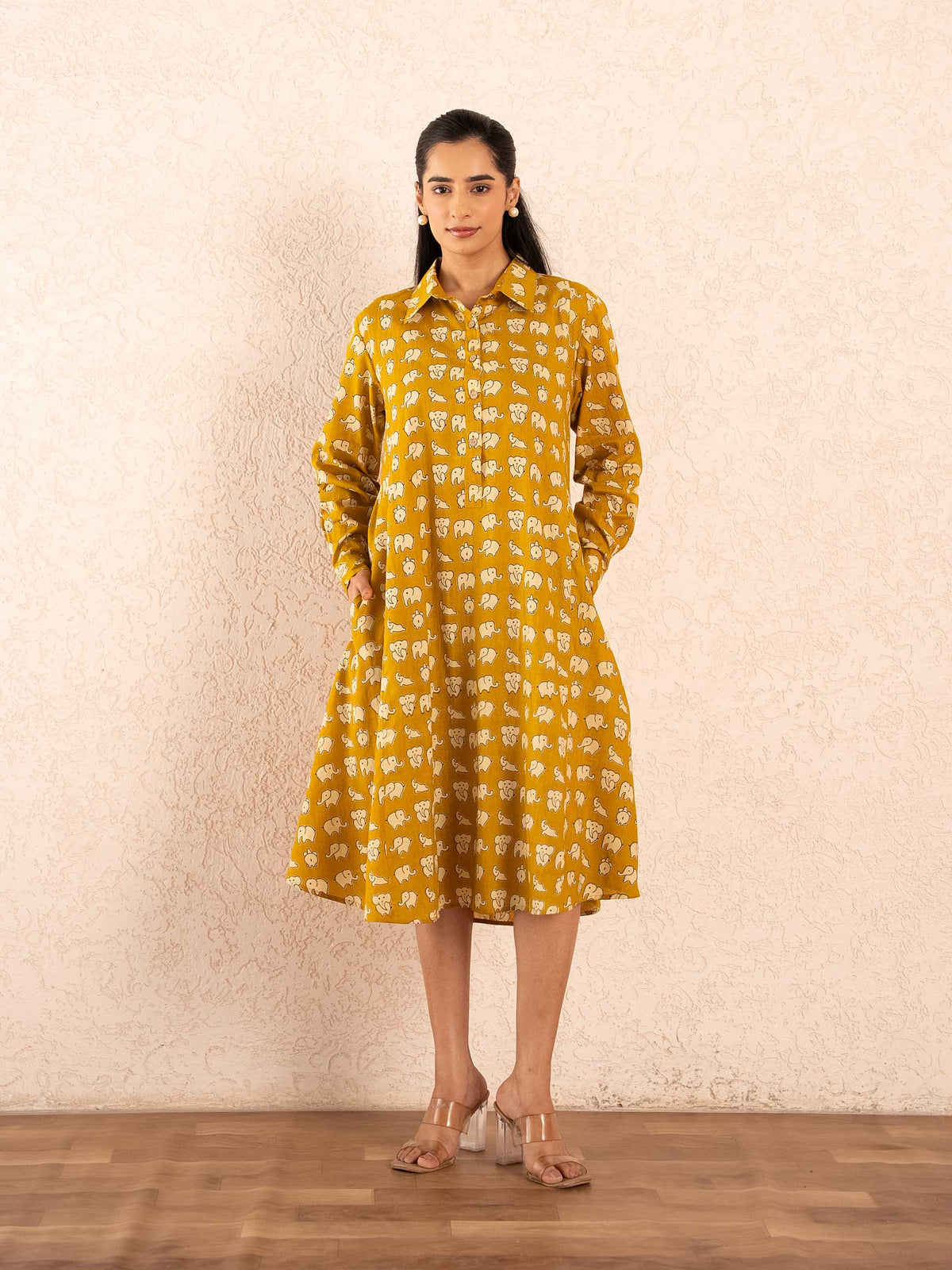 Mustard Elephant Print Full Sleeve Cotton Shirt Dress