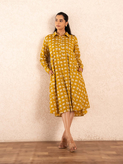 Mustard Elephant Print Full Sleeve Cotton Shirt Dress