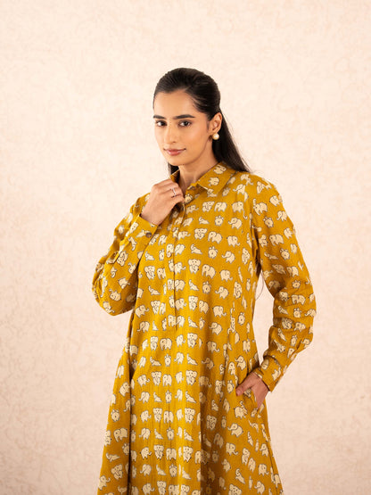 Mustard Elephant Print Full Sleeve Cotton Shirt Dress