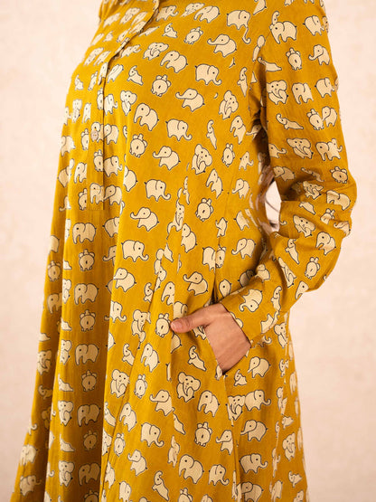 Mustard Elephant Print Full Sleeve Cotton Shirt Dress