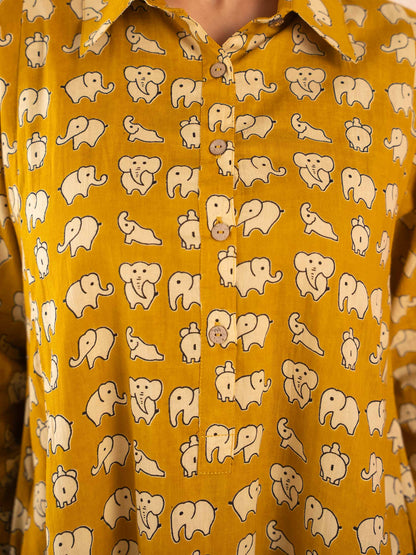Mustard Elephant Print Full Sleeve Cotton Shirt Dress