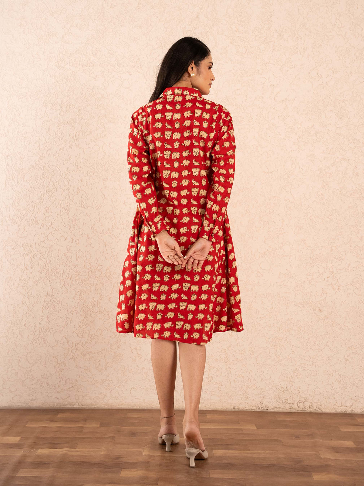 Red Elephant Print Full Sleeve Cotton Shirt Dress
