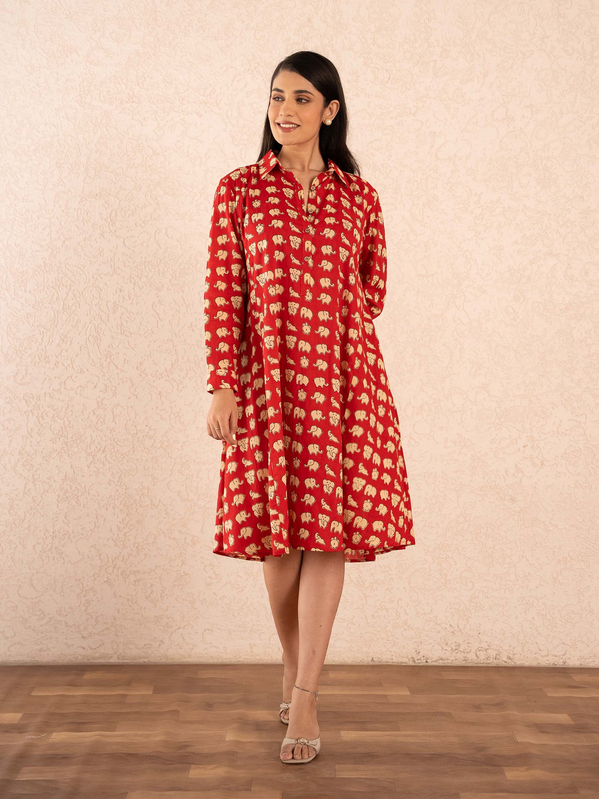 Red Elephant Print Full Sleeve Cotton Shirt Dress
