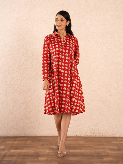 Red Elephant Print Full Sleeve Cotton Shirt Dress