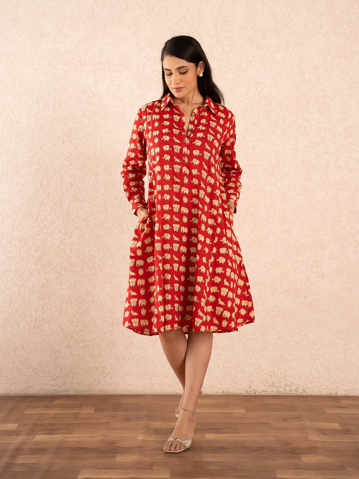 Red Elephant Print Full Sleeve Cotton Shirt Dress