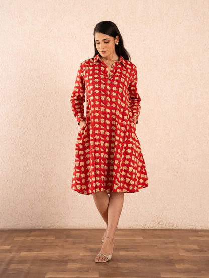 Red Elephant Print Full Sleeve Cotton Shirt Dress