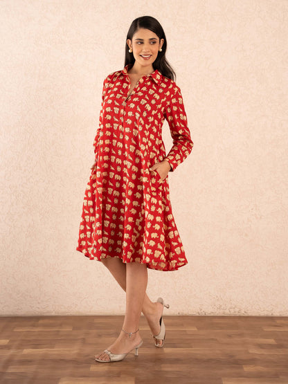 Red Elephant Print Full Sleeve Cotton Shirt Dress