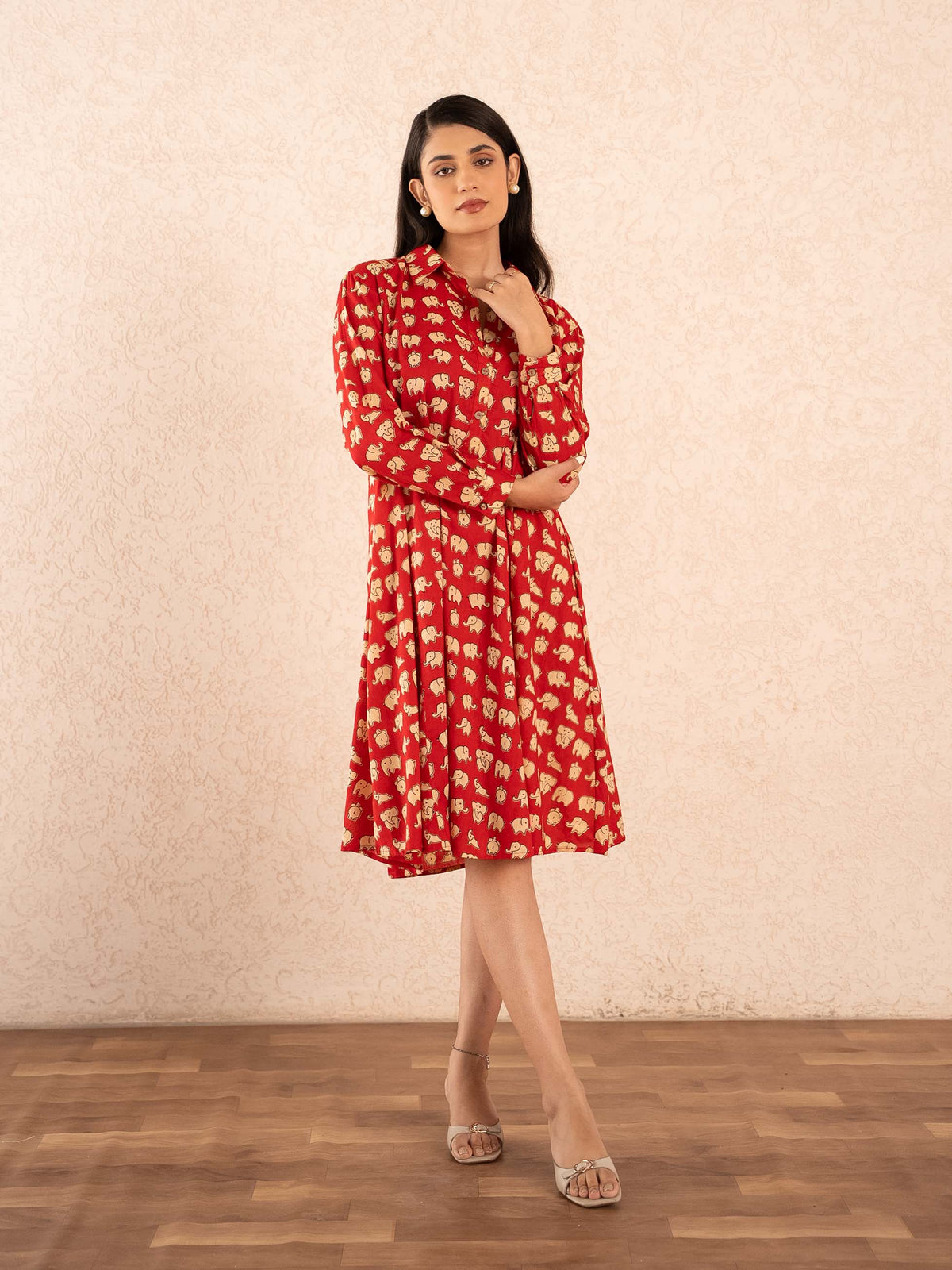 Red Elephant Print Full Sleeve Cotton Shirt Dress