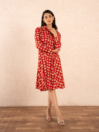 Red Elephant Print Full Sleeve Cotton Shirt Dress