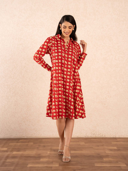 Red Elephant Print Full Sleeve Cotton Shirt Dress