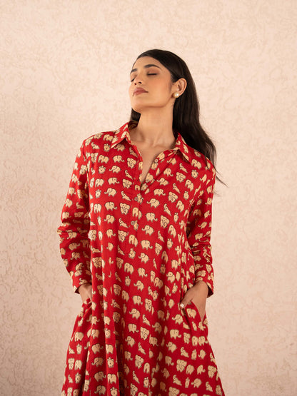 Red Elephant Print Full Sleeve Cotton Shirt Dress