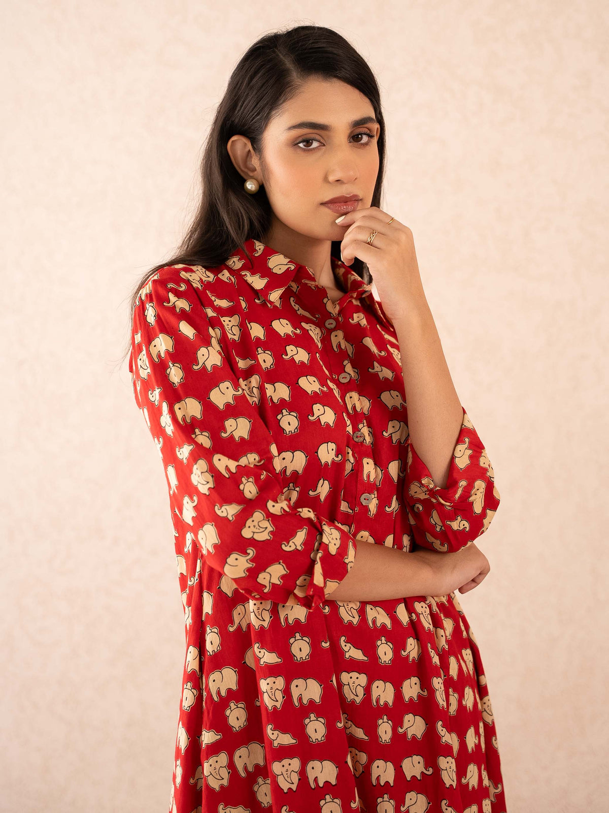 Red Elephant Print Full Sleeve Cotton Shirt Dress