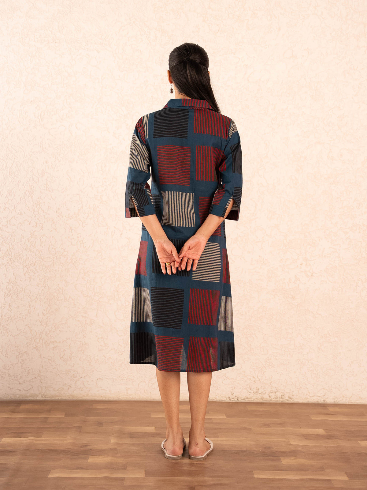 Navy Blue Geometric Print Cotton Shirt Dress