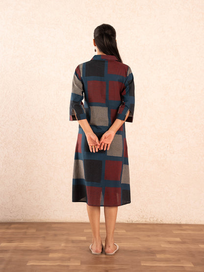 Navy Blue Geometric Print Cotton Shirt Dress