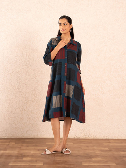 Navy Blue Geometric Print Cotton Shirt Dress