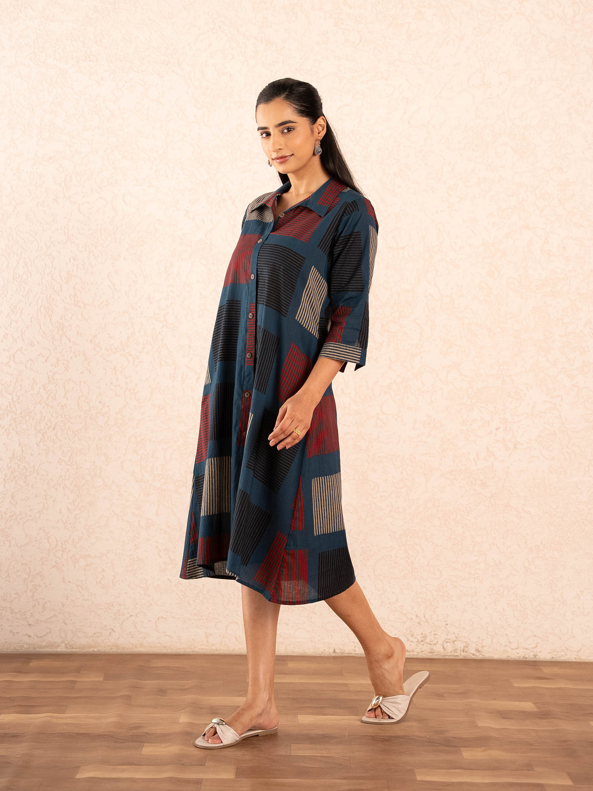 Navy Blue Geometric Print Cotton Shirt Dress
