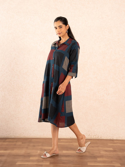 Navy Blue Geometric Print Cotton Shirt Dress