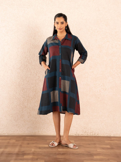 Navy Blue Geometric Print Cotton Shirt Dress