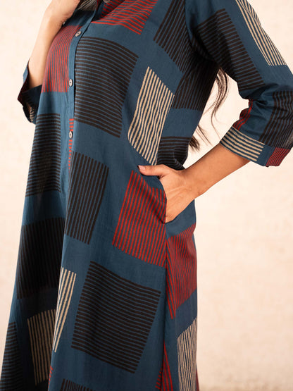 Navy Blue Geometric Print Cotton Shirt Dress
