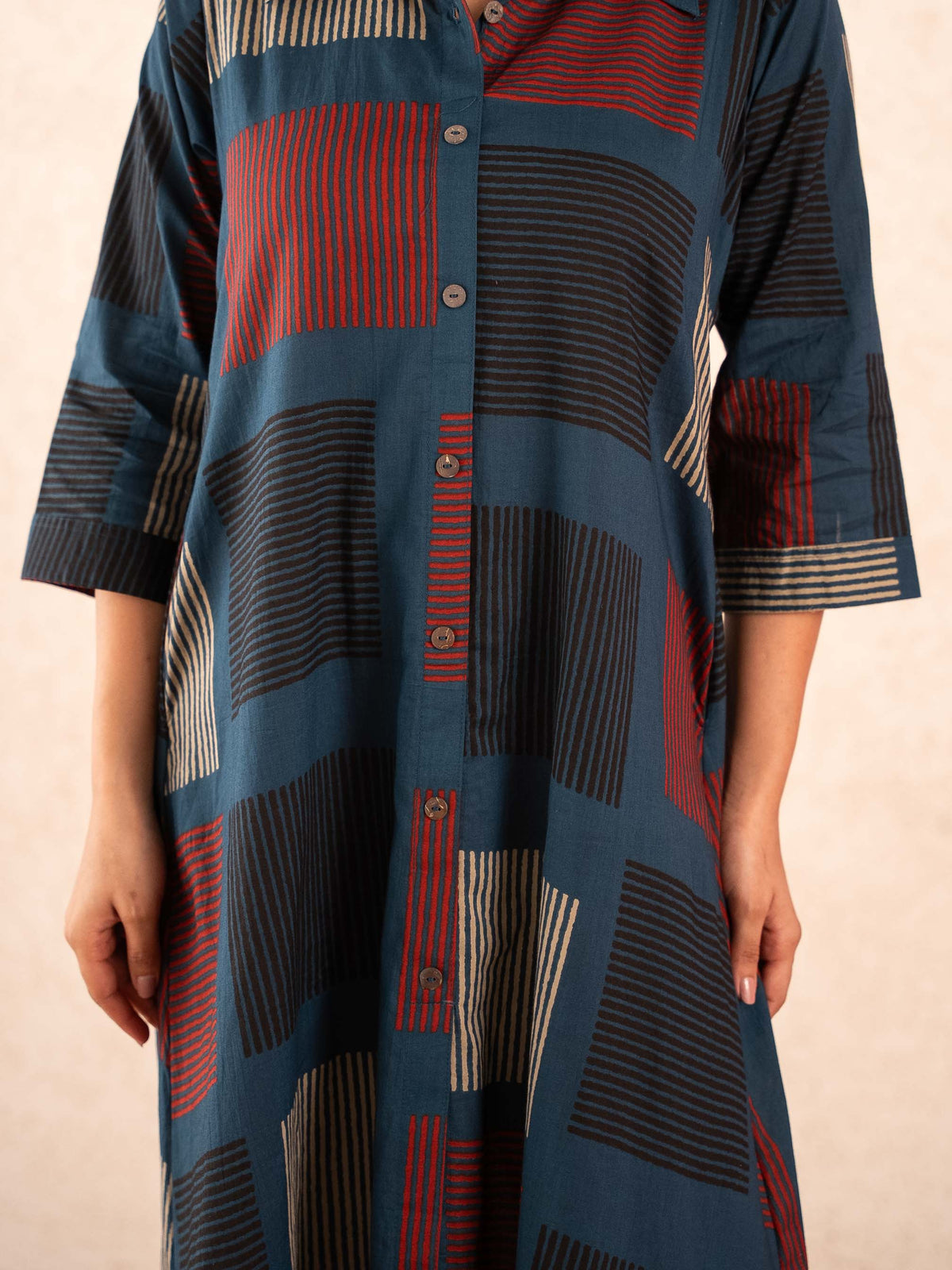 Navy Blue Geometric Print Cotton Shirt Dress