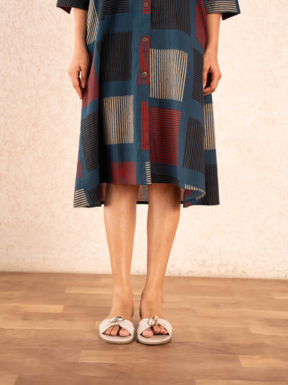 Navy Blue Geometric Print Cotton Shirt Dress