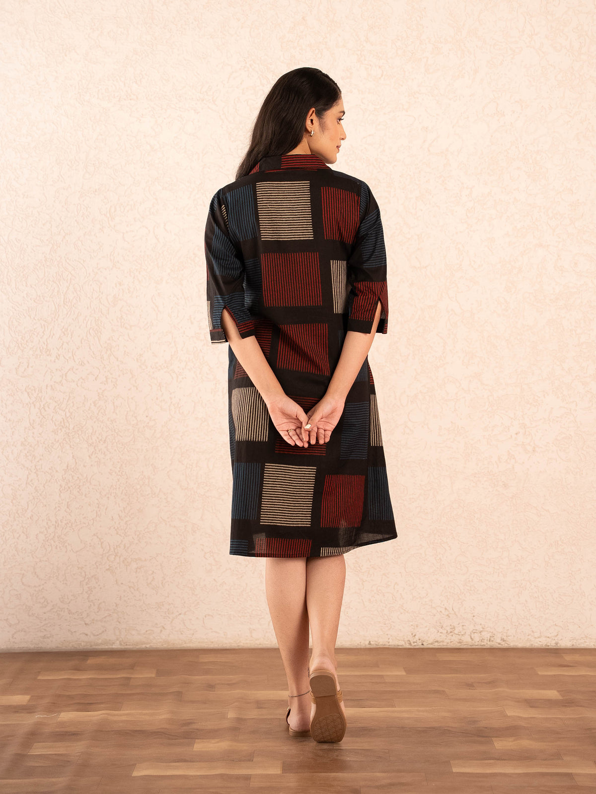 Black Geometric Print Cotton Shirt Dress