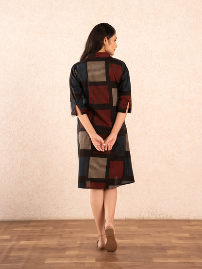 Black Geometric Print Cotton Shirt Dress