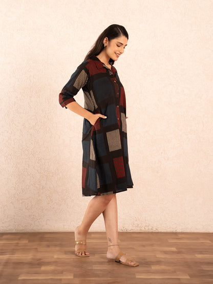 Black Geometric Print Cotton Shirt Dress