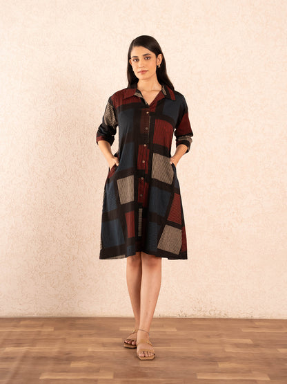Black Geometric Print Cotton Shirt Dress