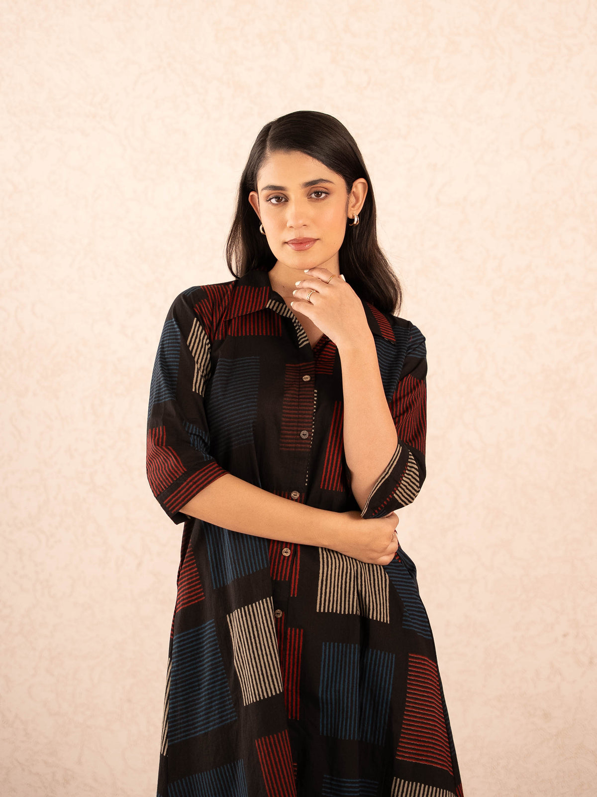 Black Geometric Print Cotton Shirt Dress