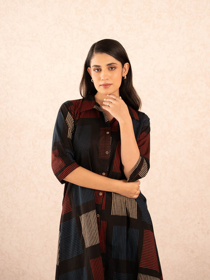 Black Geometric Print Cotton Shirt Dress