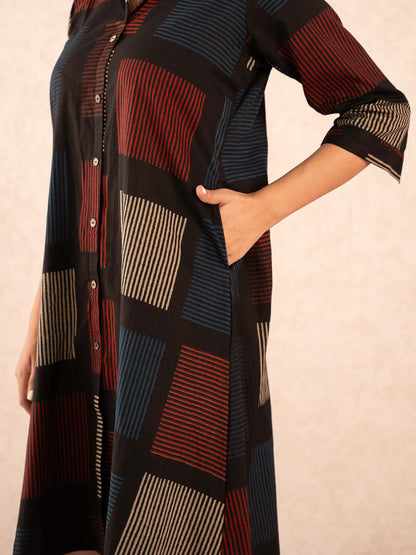Black Geometric Print Cotton Shirt Dress