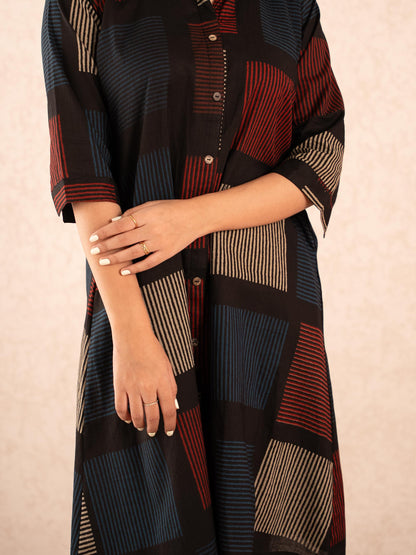 Black Geometric Print Cotton Shirt Dress