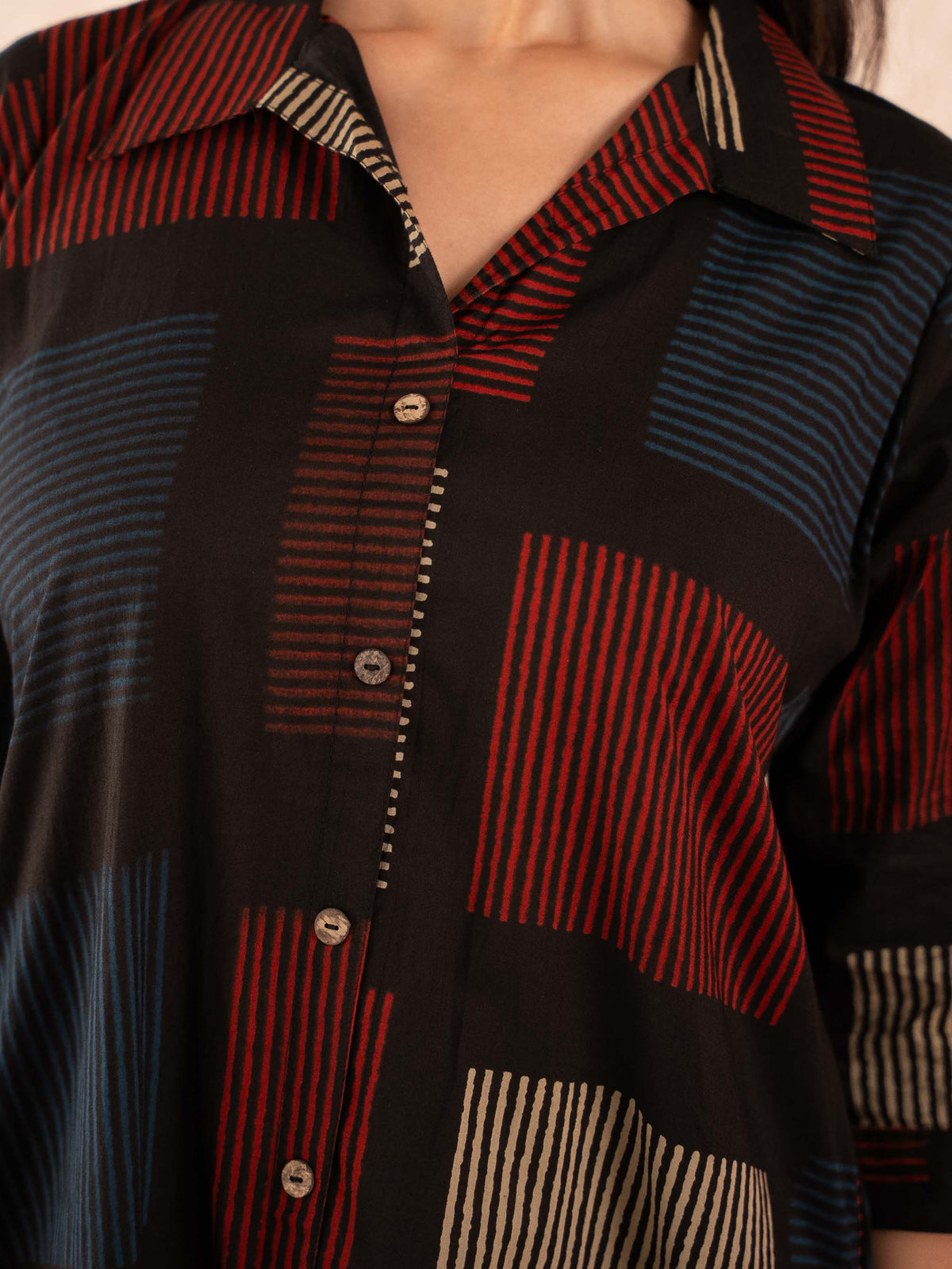 Black Geometric Print Cotton Shirt Dress