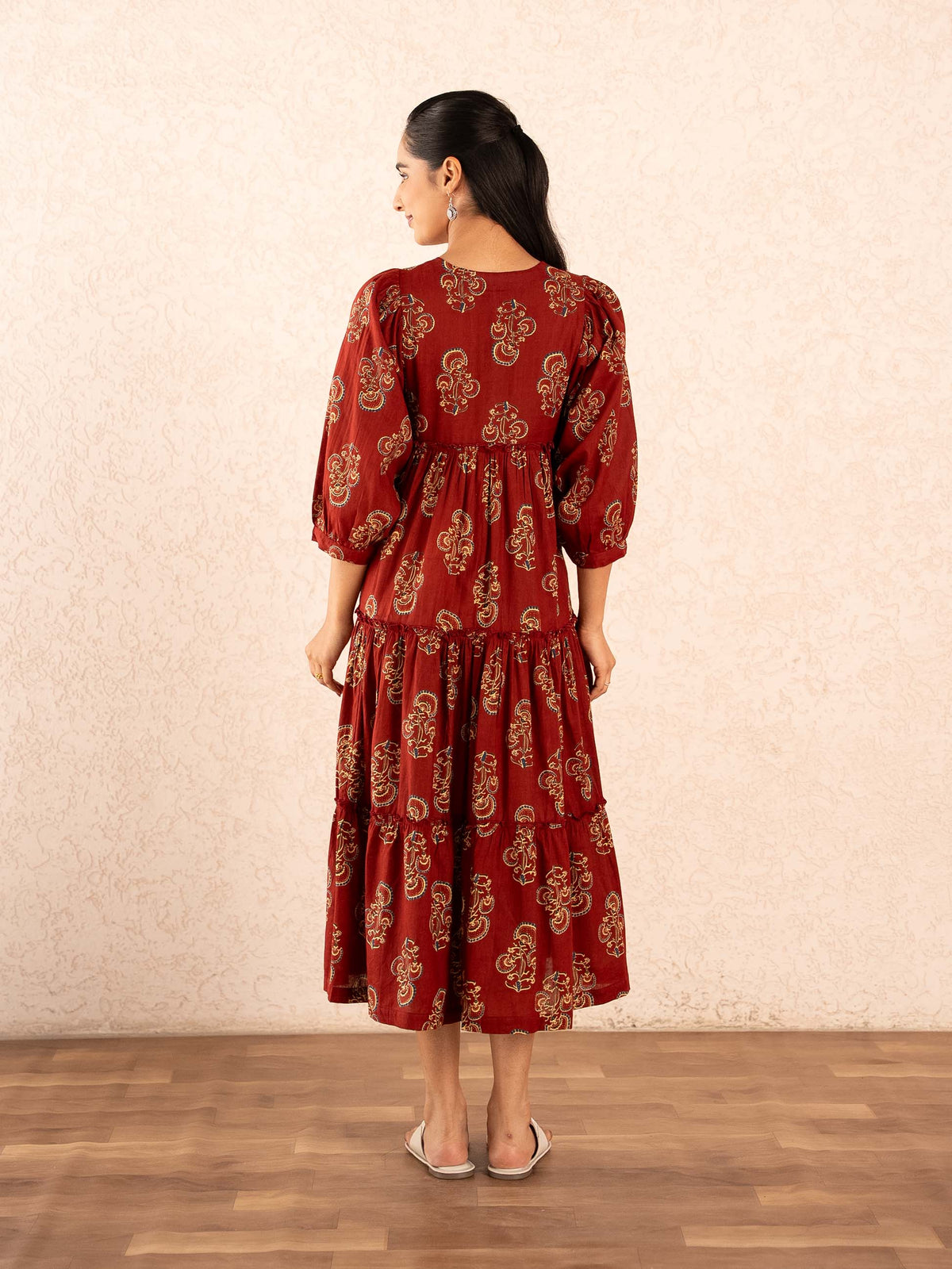 Maroon Paisley Print Tiered Cotton Dress