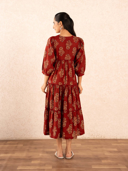 Maroon Paisley Print Tiered Cotton Dress