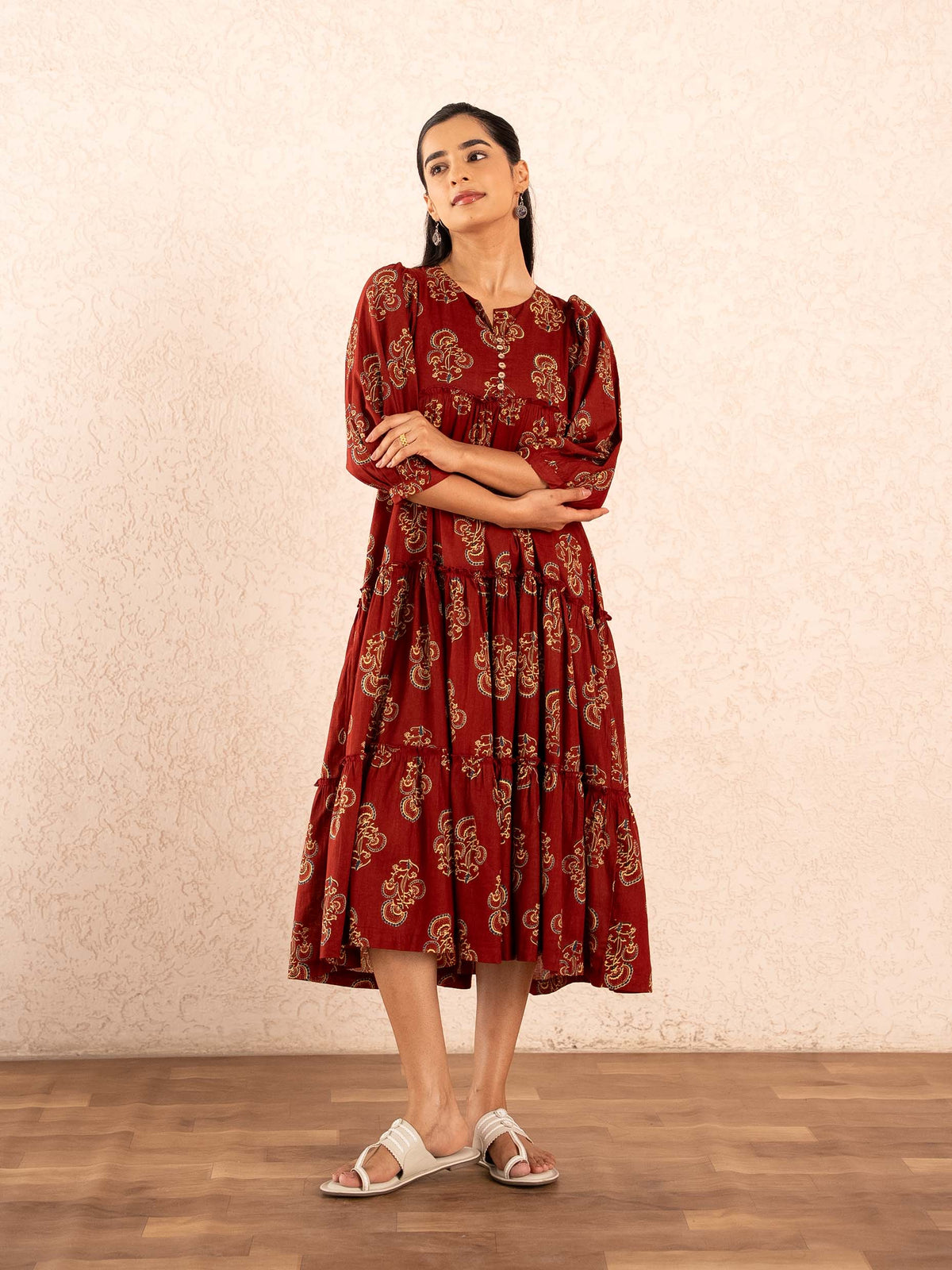 Maroon Paisley Print Tiered Cotton Dress