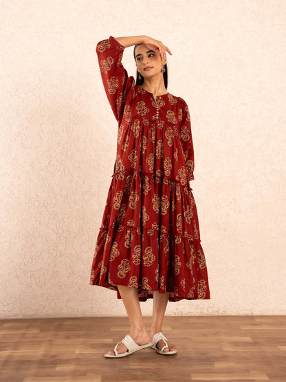 Maroon Paisley Print Tiered Cotton Dress