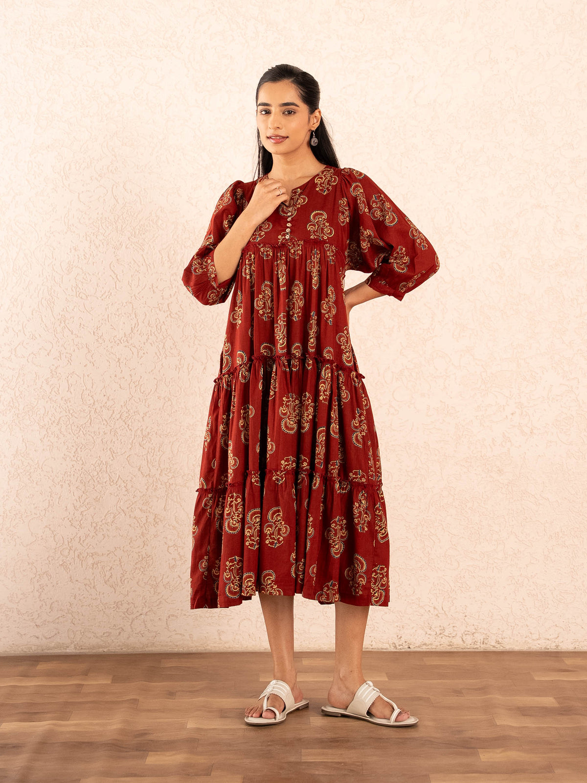 Maroon Paisley Print Tiered Cotton Dress