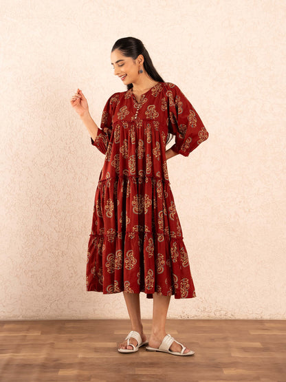 Maroon Paisley Print Tiered Cotton Dress