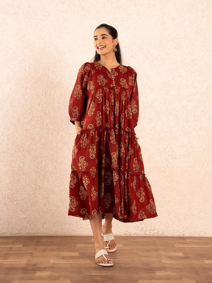 Maroon Paisley Print Tiered Cotton Dress