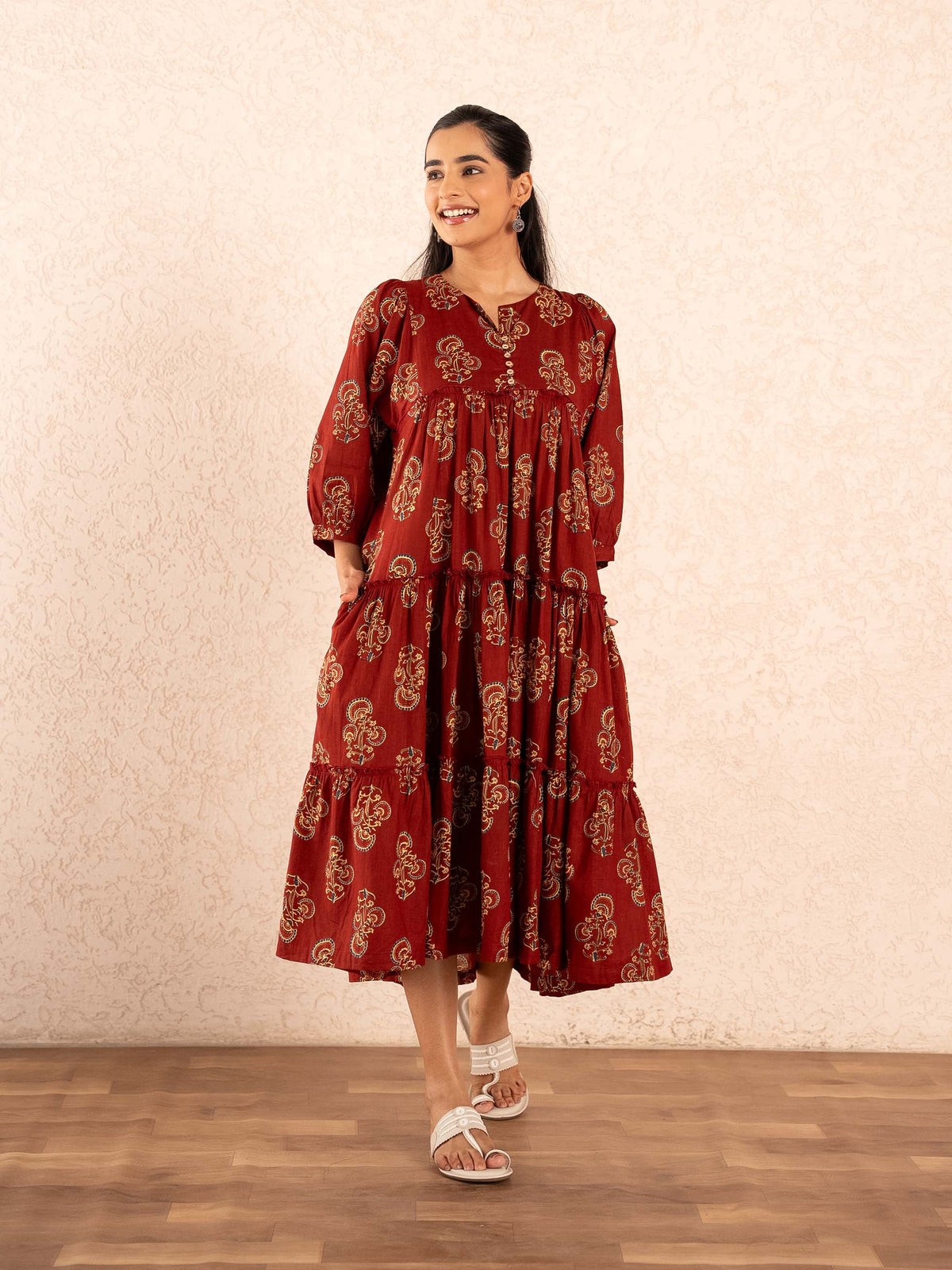 Maroon Paisley Print Tiered Cotton Dress