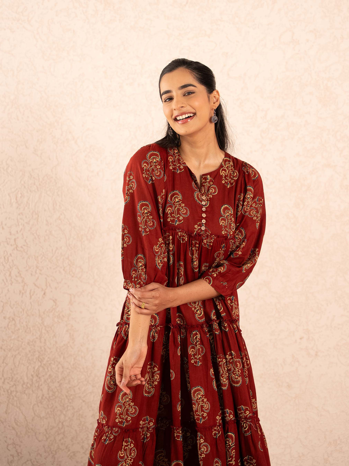 Maroon Paisley Print Tiered Cotton Dress