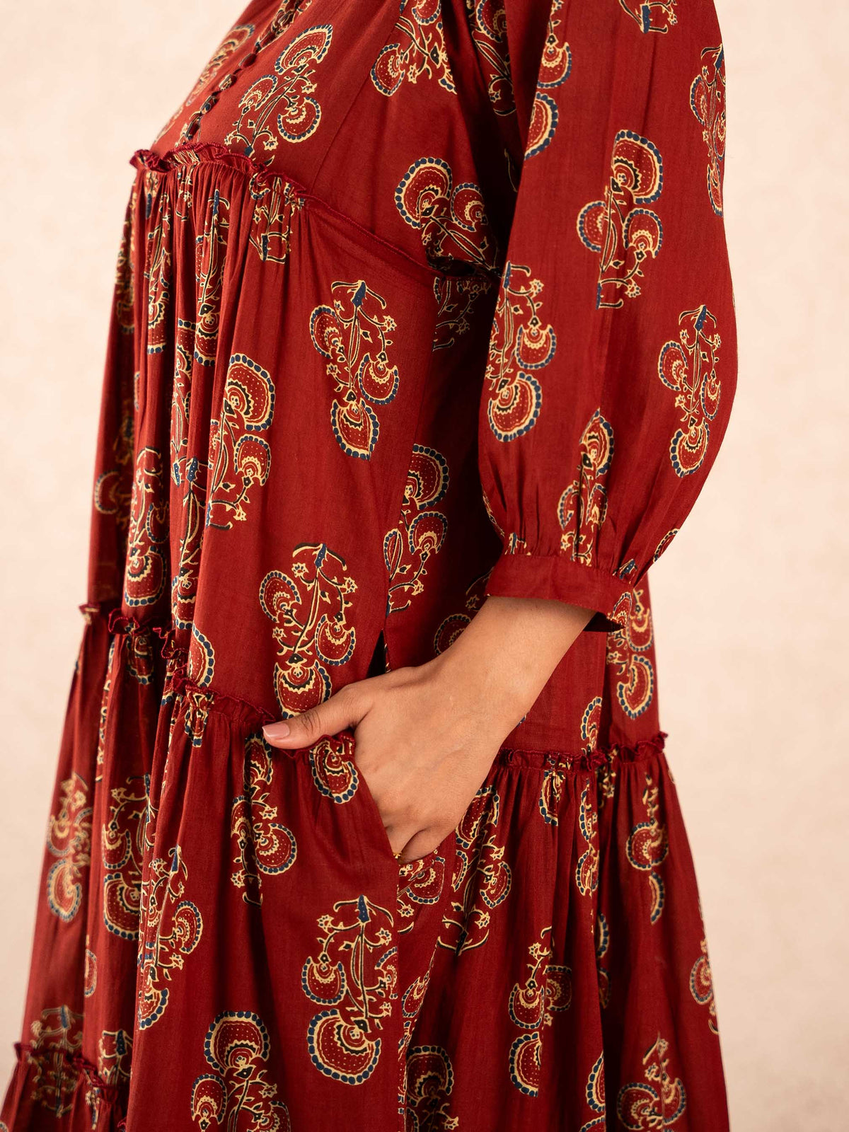 Maroon Paisley Print Tiered Cotton Dress